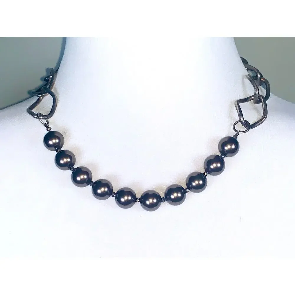 Vintage Silver Tone Faux Tahitian Pearl Statement Necklace EUC